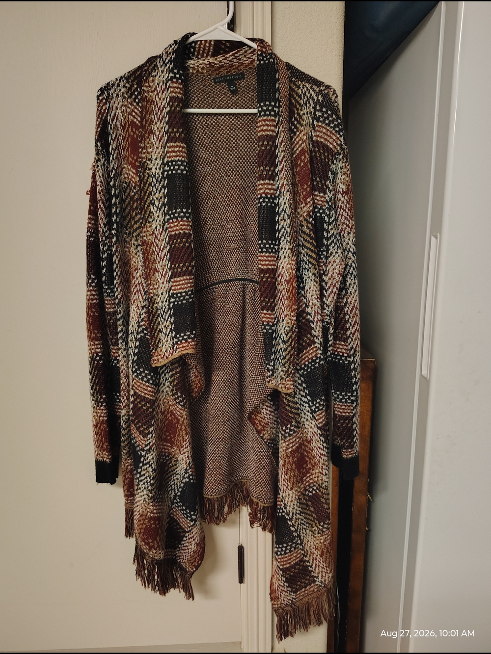 Signature Studio Brown Black Cream Plaid Fringe Open-Front Cardigan